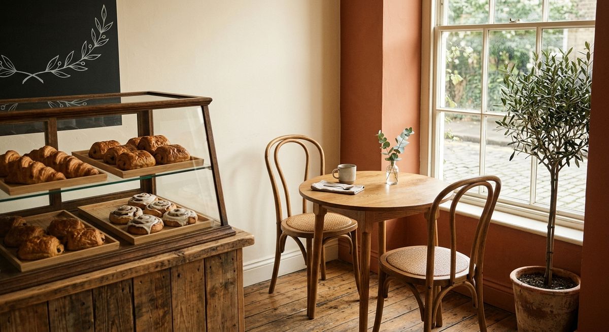 Bakery café corner with a round oak table, bentwood chairs, and a pastry case of croissants