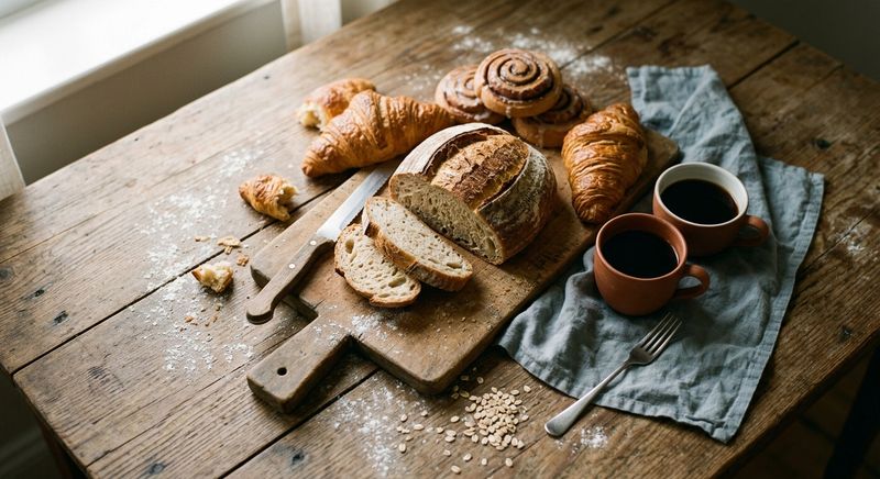 Overhead view of sliced sourdough, croissants, cinnamon rolls, and coffee on a wooden table