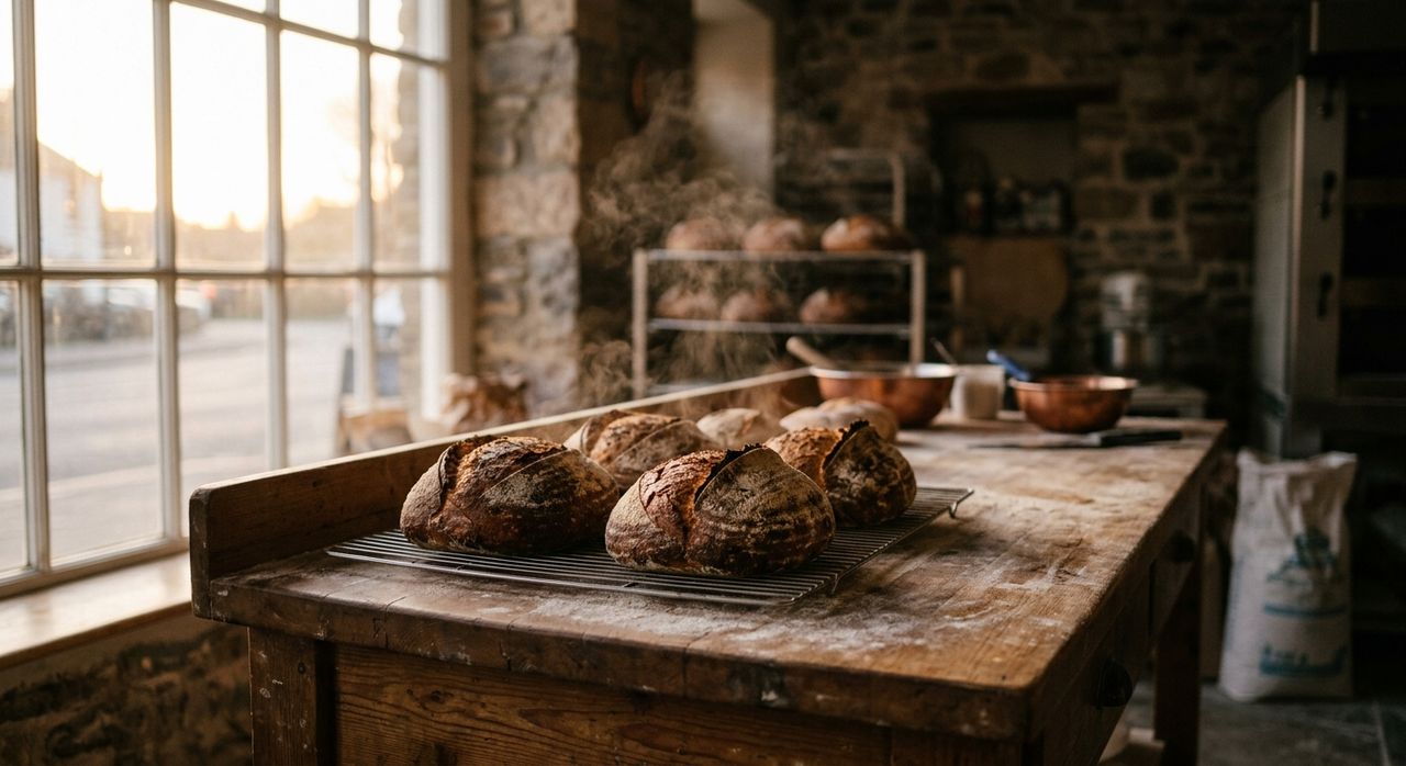 Sourdough loaves cooling on a flour-dusted wooden worktable in golden dawn light